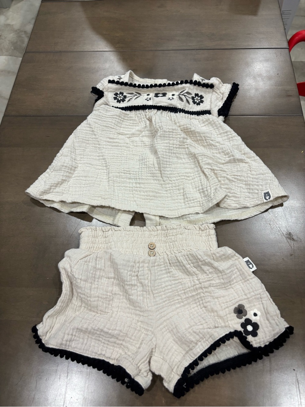 Cream Two-Piece Girls Top & Shorts Set with Black Trim